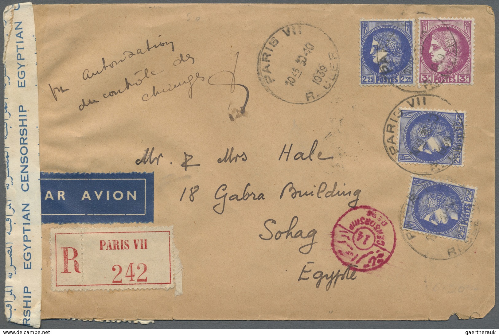 Br Ägypten: 1939, Incoming Censored Mail: France, 3 X 2,25 F And 3,00 F Ceres, Mixed Franking On Regist - 1915-1921 Protectorat Britannique