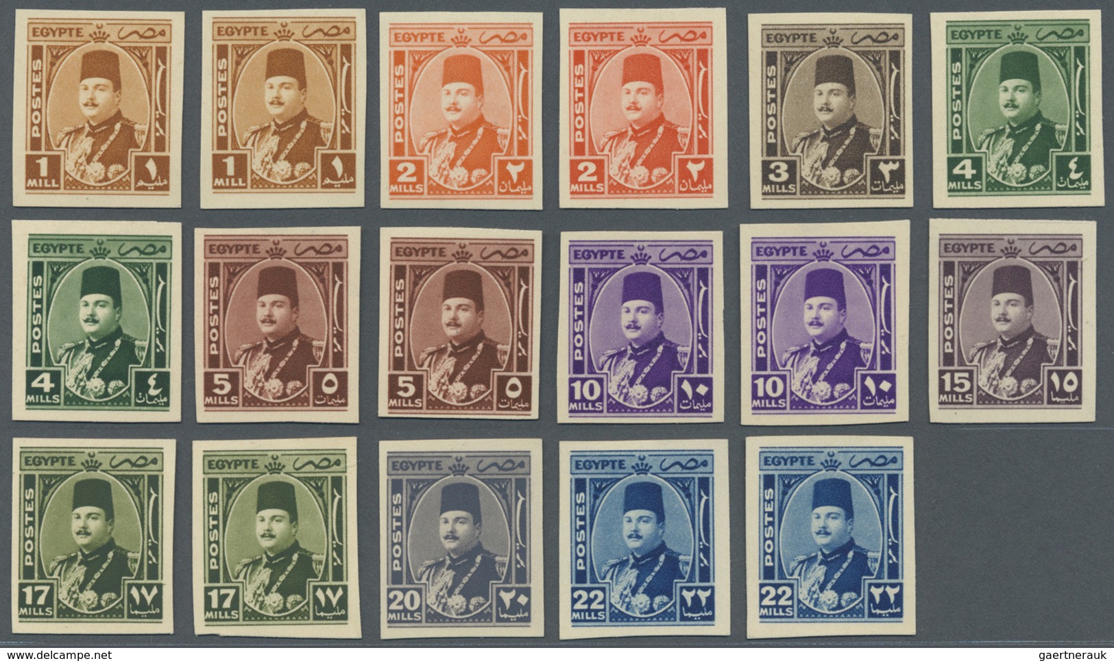 (*) Ägypten: 1944-46 King Farouk 17 Stamps Of The 10 Values Issued, Including Colour Shades, All IMPERFO - 1915-1921 Protectorat Britannique