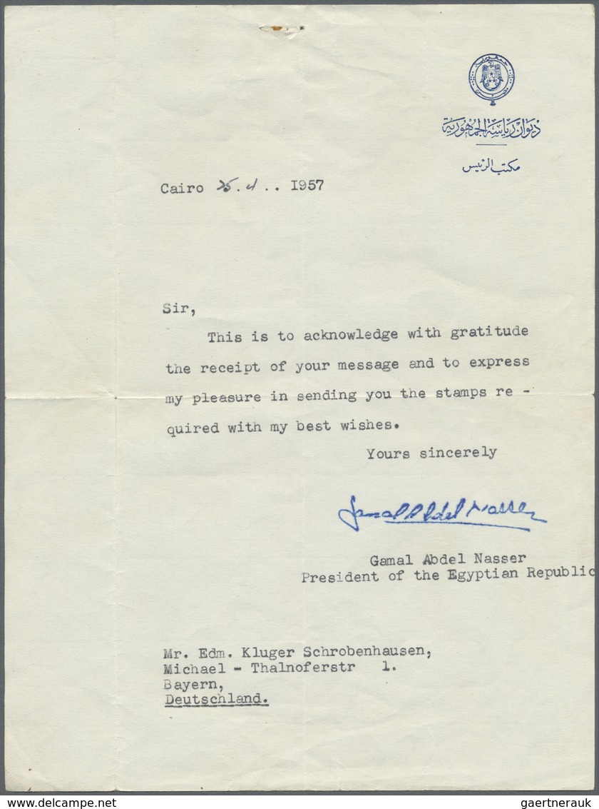 Br/**/O Ägypten: 1957 Letter Autographically Signed By Gamal Abdel NASSER, President Of The Egyptian Republi - 1915-1921 Protectorat Britannique