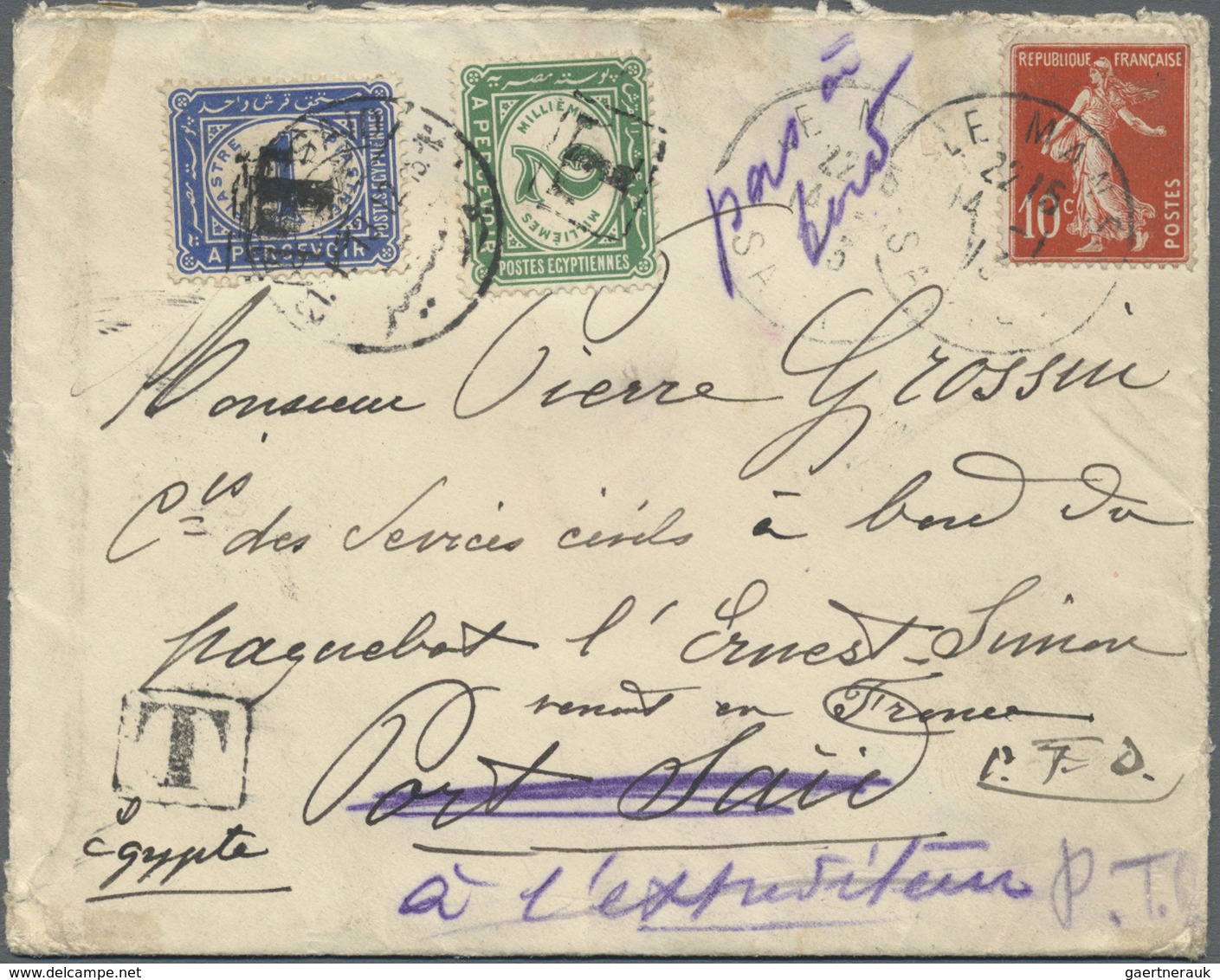 Br Ägypten - Portomarken: 1913. Envelope (opened For Display) Addressed To 'Monsieur Grossin, On Board - Andere & Zonder Classificatie