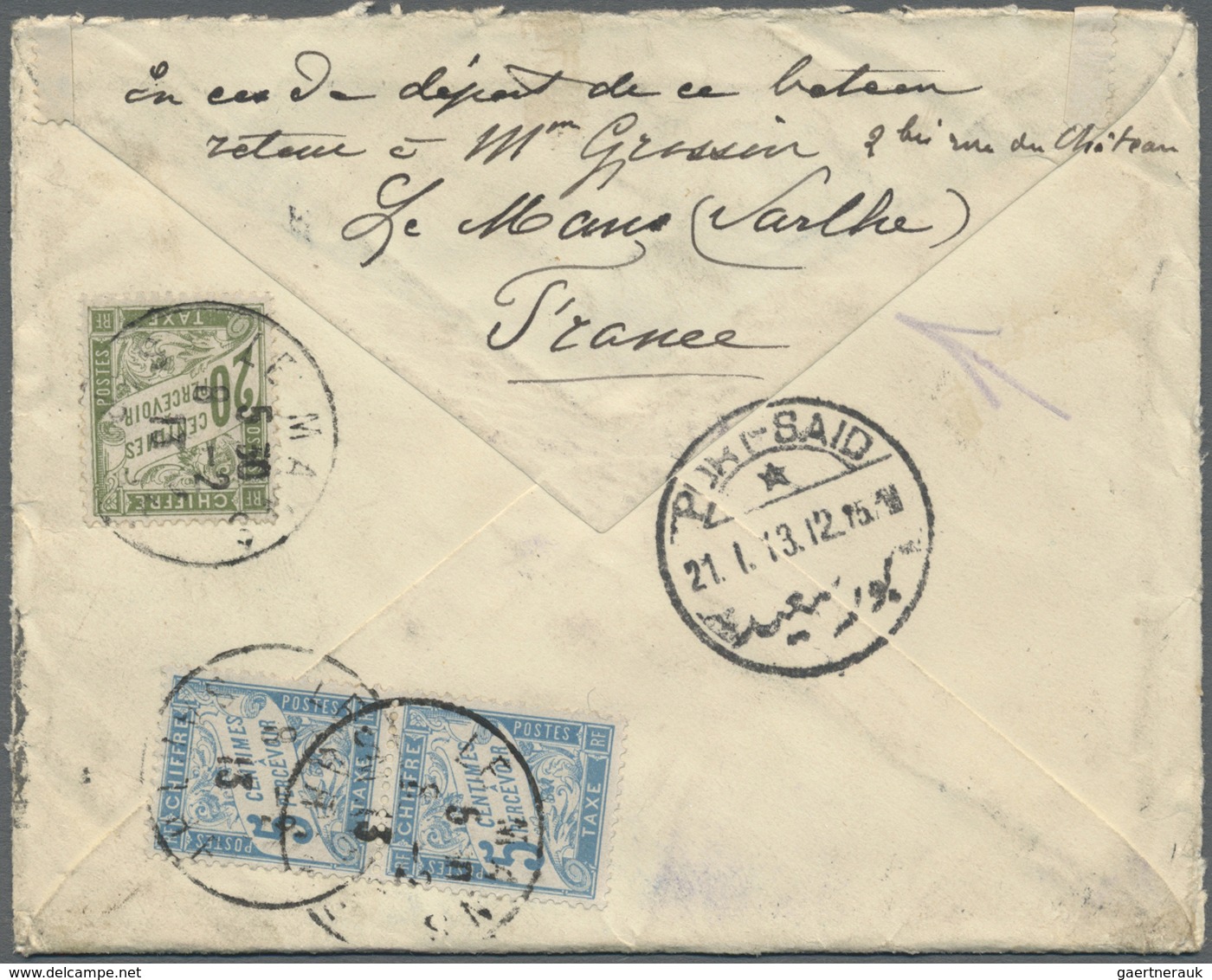 Br Ägypten - Portomarken: 1913. Envelope (opened For Display) Addressed To 'Monsieur Grossin, On Board - Autres & Non Classés