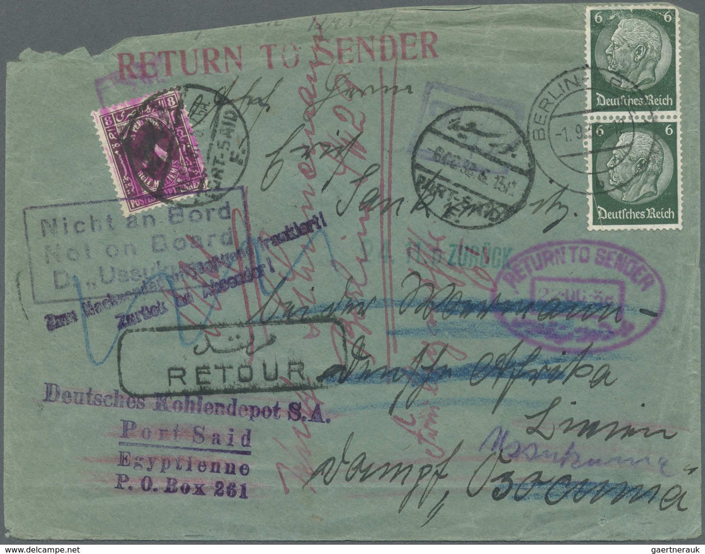 Br Ägypten - Portomarken: 1938 Cover (faults) From Berlin, Germany Addressed To A Passenger At The "Woe - Autres & Non Classés