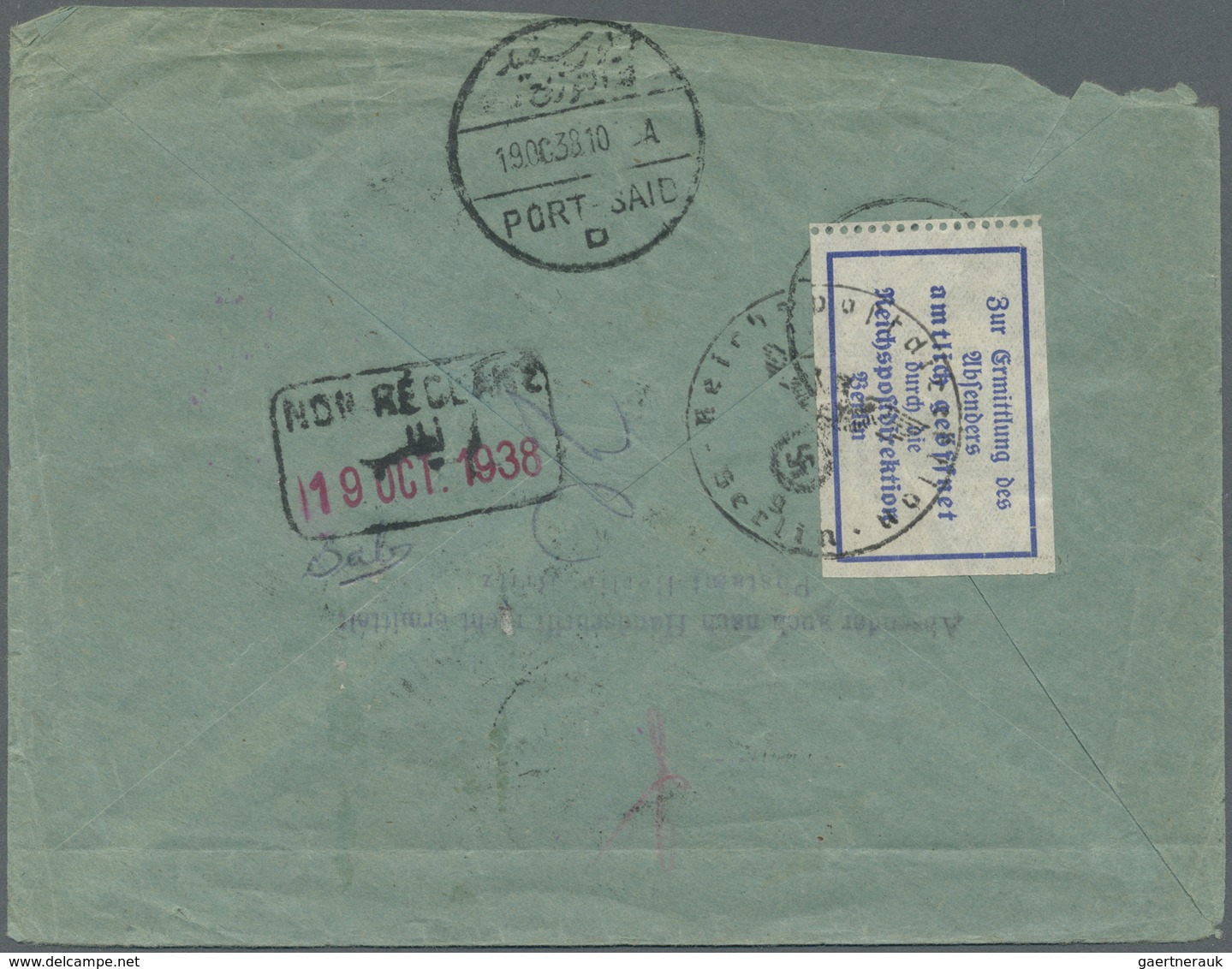 Br Ägypten - Portomarken: 1938 Cover (faults) From Berlin, Germany Addressed To A Passenger At The "Woe - Autres & Non Classés