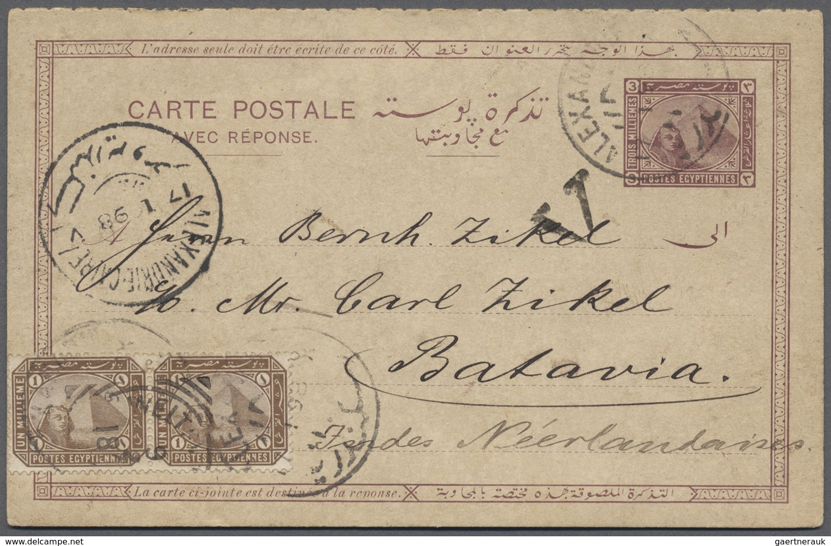 GA Ägypten - Ganzsachen: 1898, Stationery Double Card 3 Mil. Brown Uprated With Pair 1 Mil Brown Sent F - Autres & Non Classés