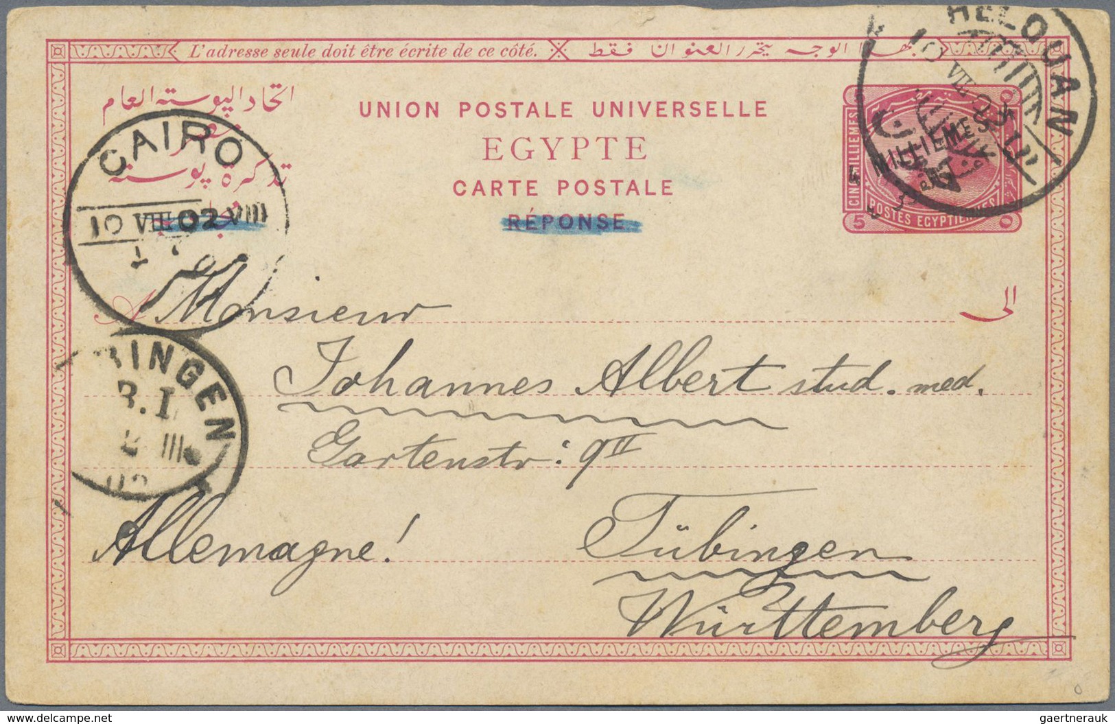 GA Ägypten - Ganzsachen: 1902, Stationery Reply Card "4 MILLIEMES" On 5 M With B/s Private Photo: Egypt - Autres & Non Classés