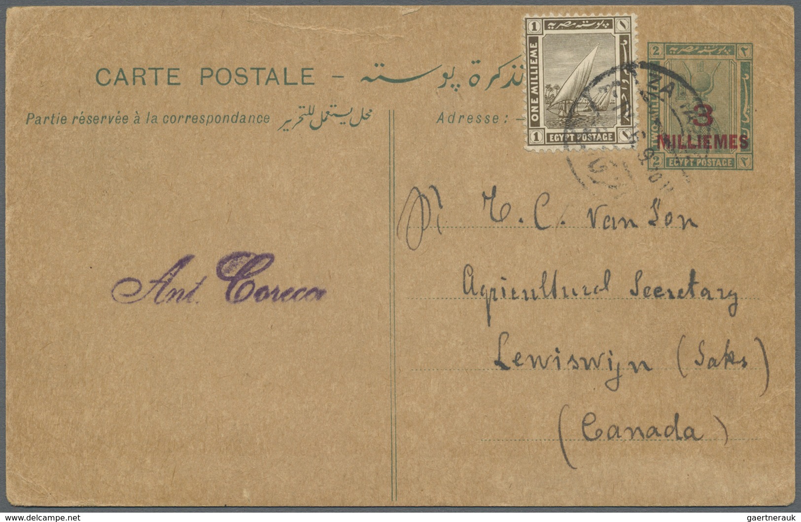 GA Ägypten - Ganzsachen: 1916 Postal Stationery Card 3m. On 2m. Used From Zagazig To Lewiswyn In CANADA - Autres & Non Classés