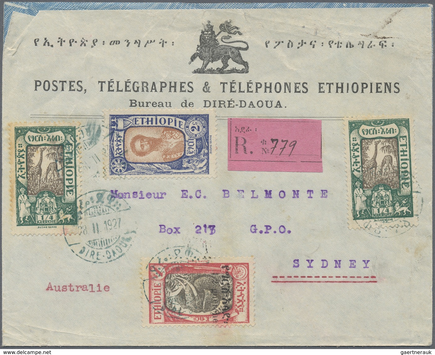 Br Äthiopien: 1927. Registered Envelope (small Opening Faults)headed 'Postes, Telegraphes & Telephones - Ethiopie