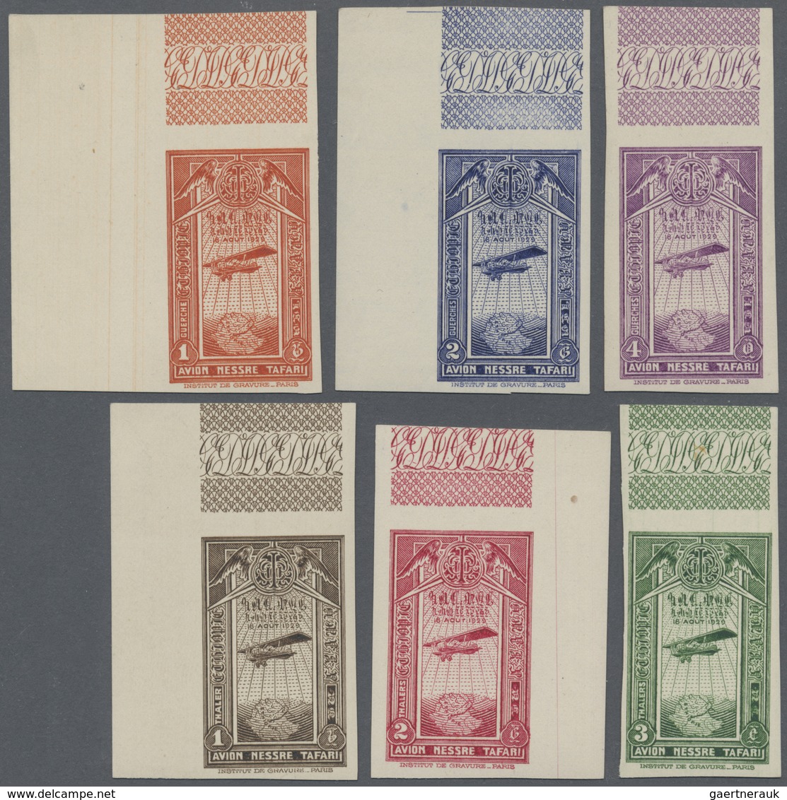 ** Äthiopien: 1931 Air Set IMPERFORATED, Complete Except 8g., All Stamps With Sheet Margin At Top Incl. - Ethiopië