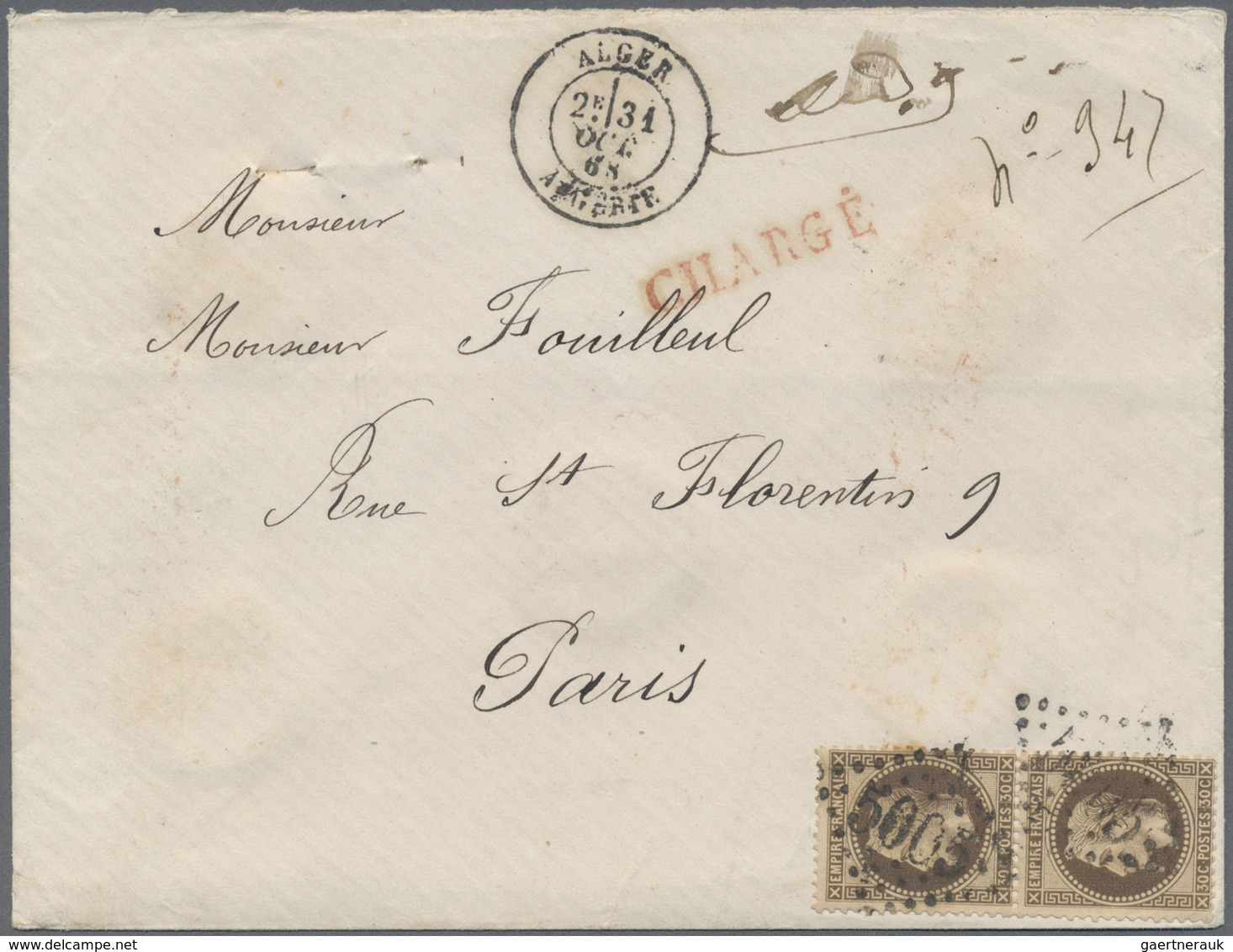 Br Algerien: 1868 Insured Registered Letter From Algiers To Paris Franked By French 1862 30c. Deep Brow - Andere & Zonder Classificatie