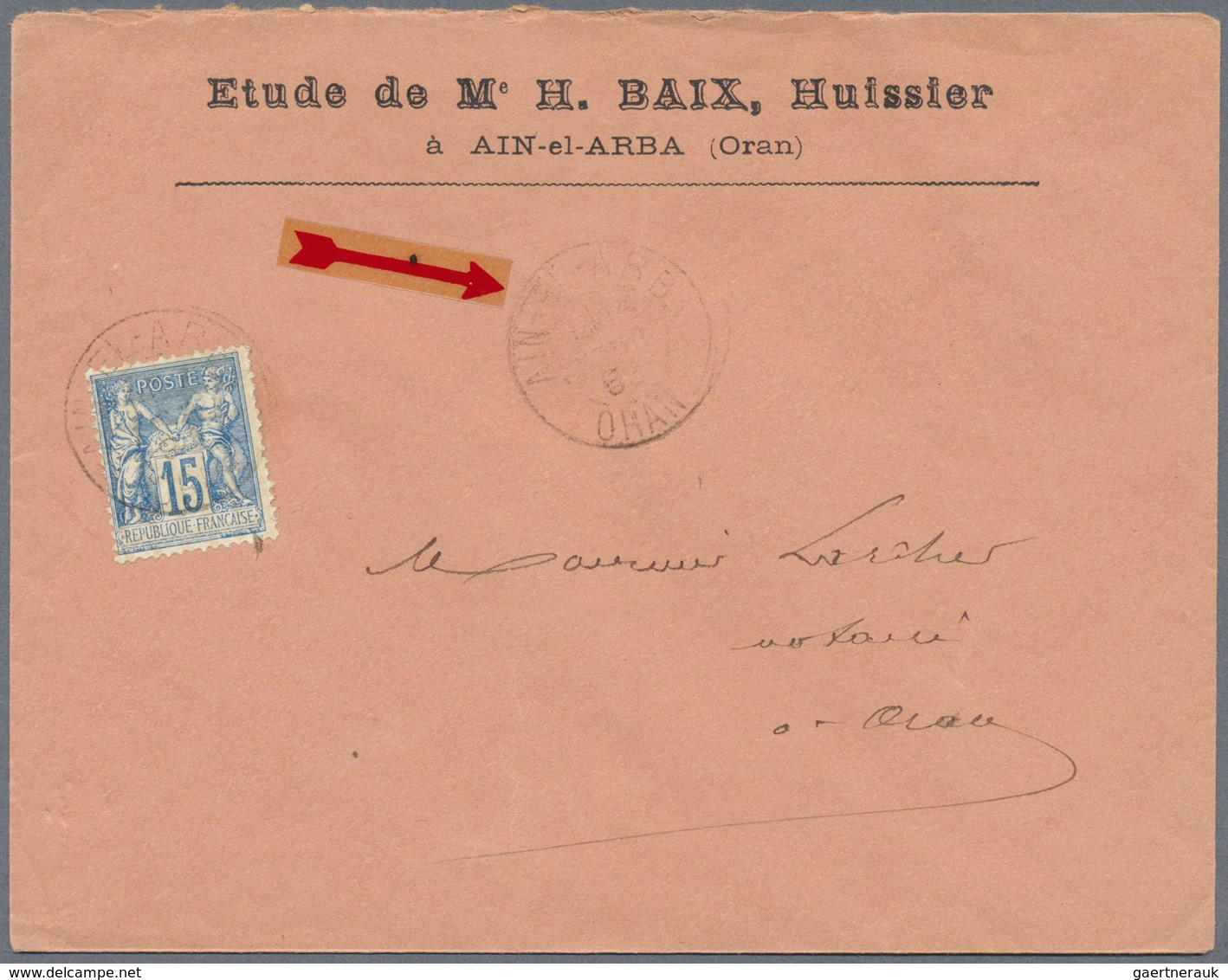 Br Algerien: 1893, 15 C. Blue Allegory Used On Cover With Date Cancellation "AIN-EL-ARBA/ORAN" Send To - Andere & Zonder Classificatie