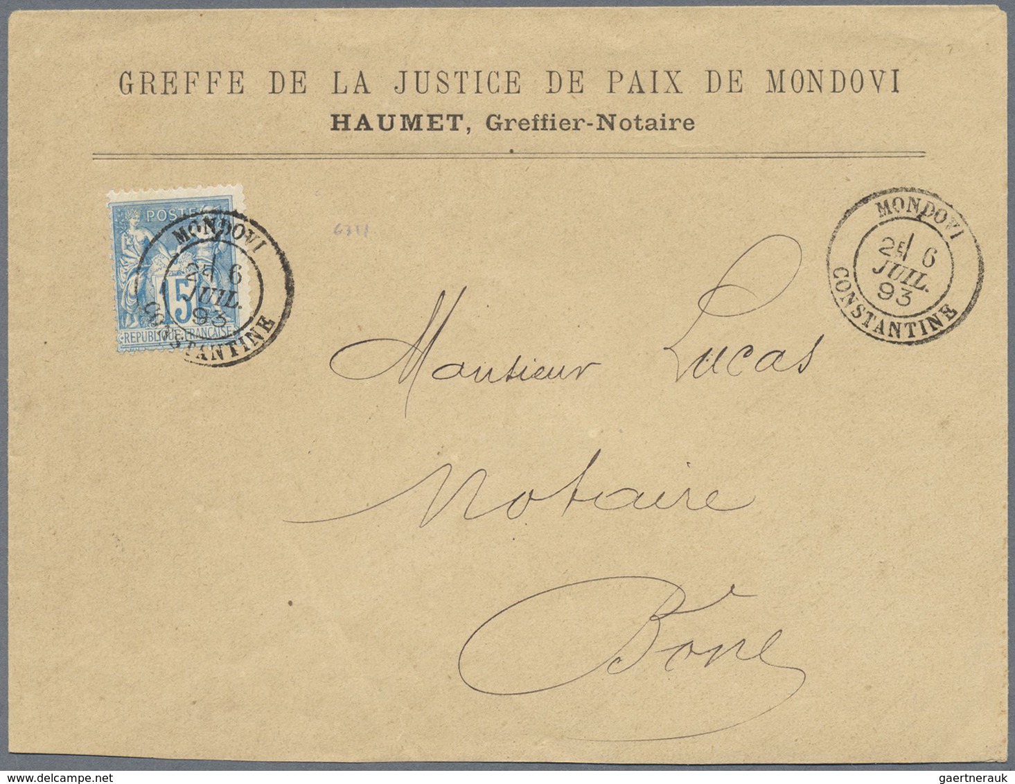 Br Algerien: 1893, 15 C. Blue Allegory Used On Cover With Date Cancellation "MONDOVI 26 JUIL.93" Send T - Autres & Non Classés