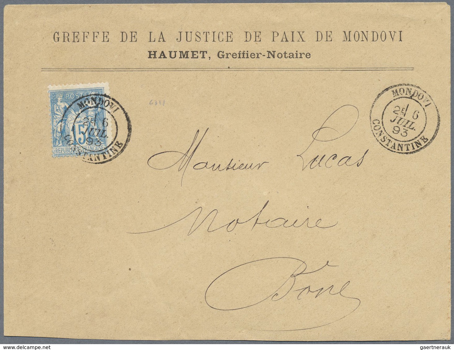 Br Algerien: 1893, 15 C. Blue Allegory Used On Cover With Date Cancellation "MONDOVI 26 JUIL.93" Send T - Andere & Zonder Classificatie