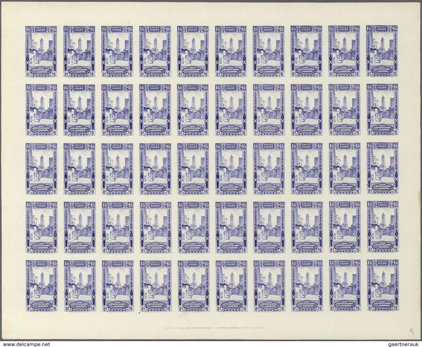 ** Algerien: 1930, 100th Anniversary Of Conquest, 1.50fr. Ultramarine, IMPERFORATE Sheet Of 50 Stamps U - Andere & Zonder Classificatie