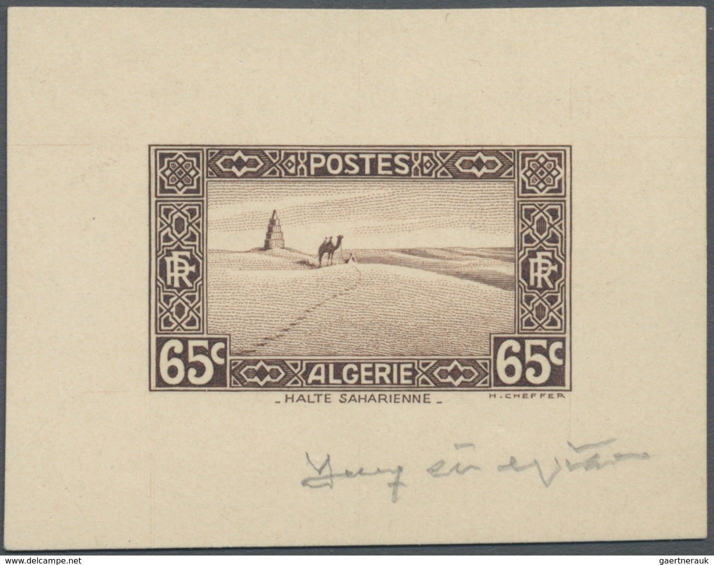 (*) Algerien: 1936/1937, 65c. "Halte Saharienne", Epreuve D'artiste In Sepia, Sized 5,8:4,5 Cm, With Sig - Andere & Zonder Classificatie