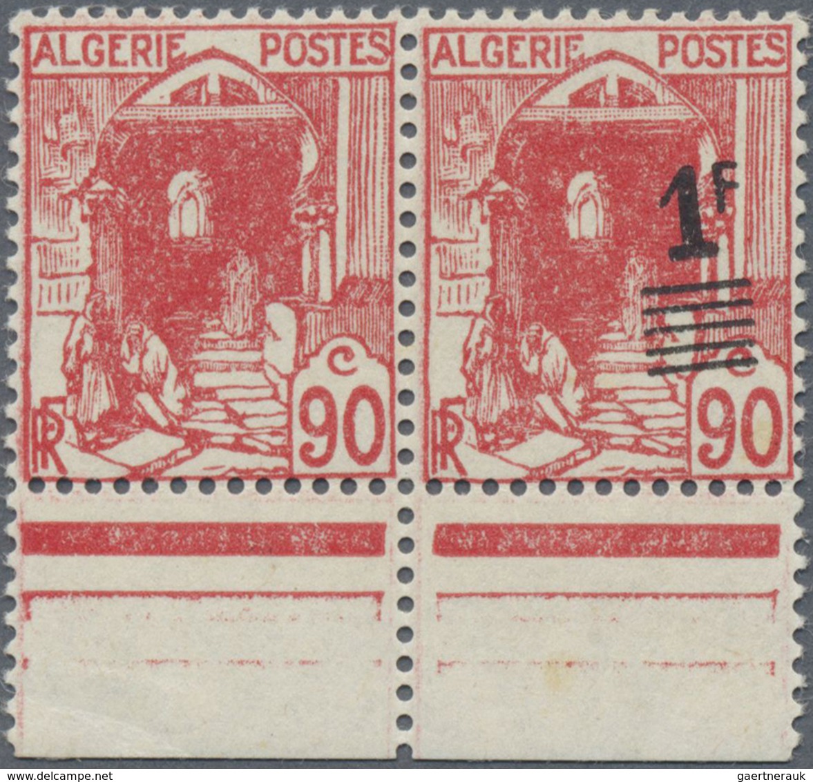 ** Algerien: 1939, 1 Fr. On 90 C. Red, Mint Never Hinged Horizotal Lower Margin Pair, Left Stamp Withou - Sonstige & Ohne Zuordnung