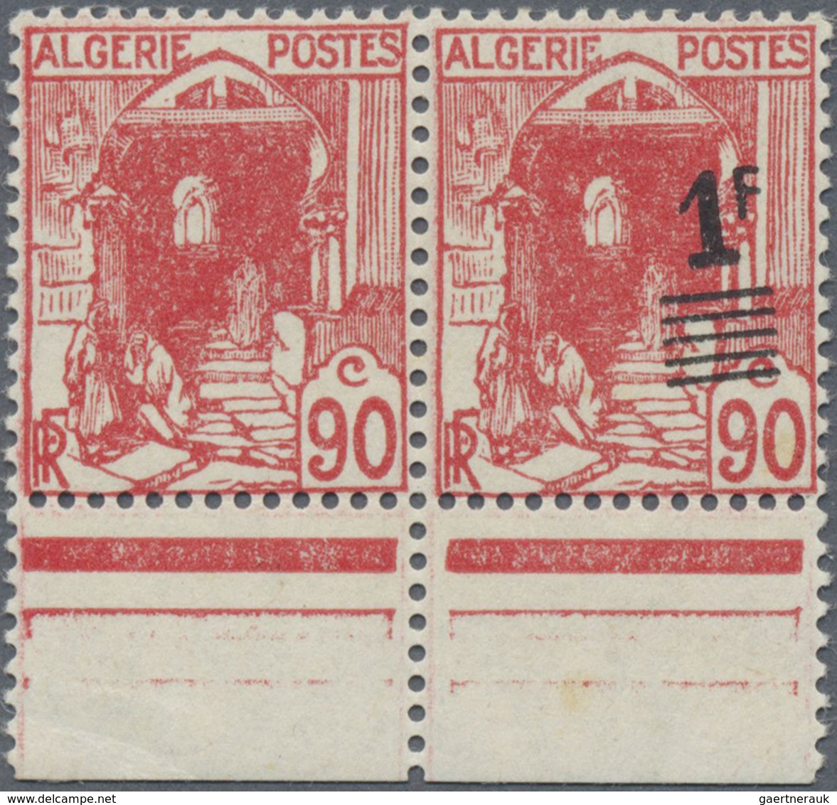 ** Algerien: 1939, 1 Fr. On 90 C. Red, Mint Never Hinged Horizotal Lower Margin Pair, Left Stamp Withou - Autres & Non Classés