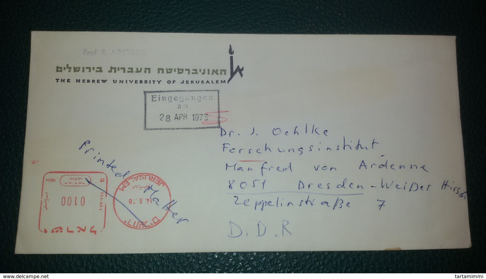 EMA AFS METER FREISTEMPEL AFFRANCATURA MECCANICA 1978 ISRAEL UNIVERSITY OF JERUSALEM COVER TO DDR GERmany - Franking Labels