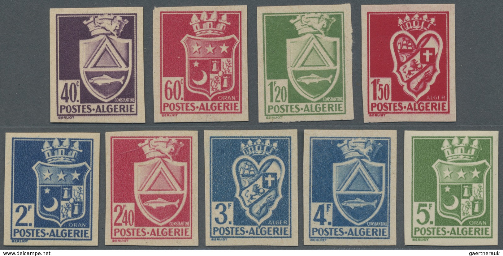 ** Algerien: 1942, Coat Of Arms Nine Different IMPERFORATE Stamps, Mint Never Hinged And Signed Brun - Andere & Zonder Classificatie