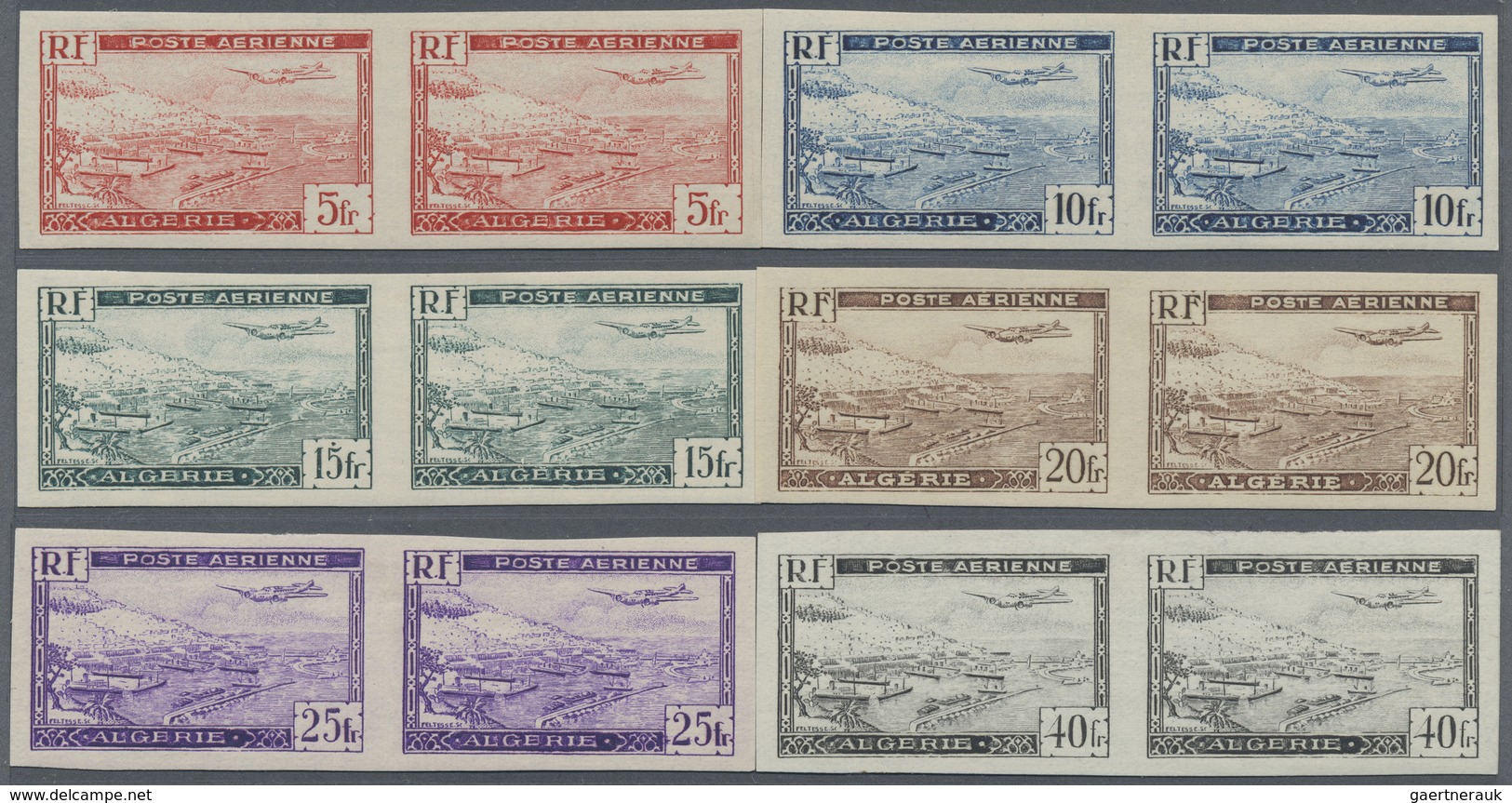 * Algerien: 1946, Airmail Issue 'Harbour Of Algier' Complete Set In IMPERFORATE Horizontal Pairs, Mint - Autres & Non Classés