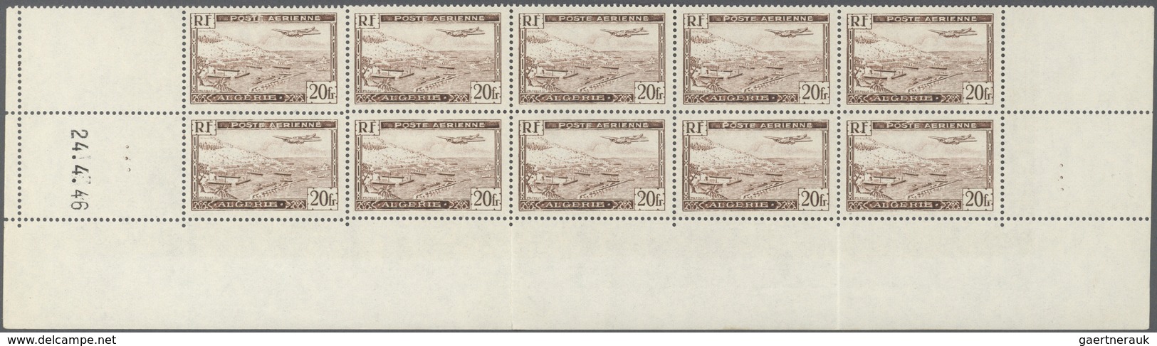 ** Algerien: 1946, 20fr. Airmails, Type I, Marginal Block Of 20 (folded) With Coins Date 24.4.46, Unmou - Autres & Non Classés