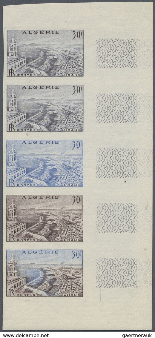 ** Algerien: 1956, Harbour Of Oran 30fr. Imperforate PROOF Strip Of Five In Four Different Colours Or C - Algérie (1962-...)