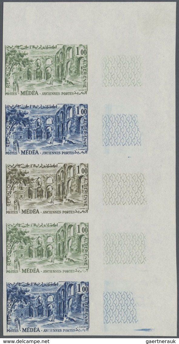 ** Algerien: 1956, Ancient Portes Of Medea 1fr. Imperforate PROOF Strip Of Five In Three Different Colo - Algérie (1962-...)