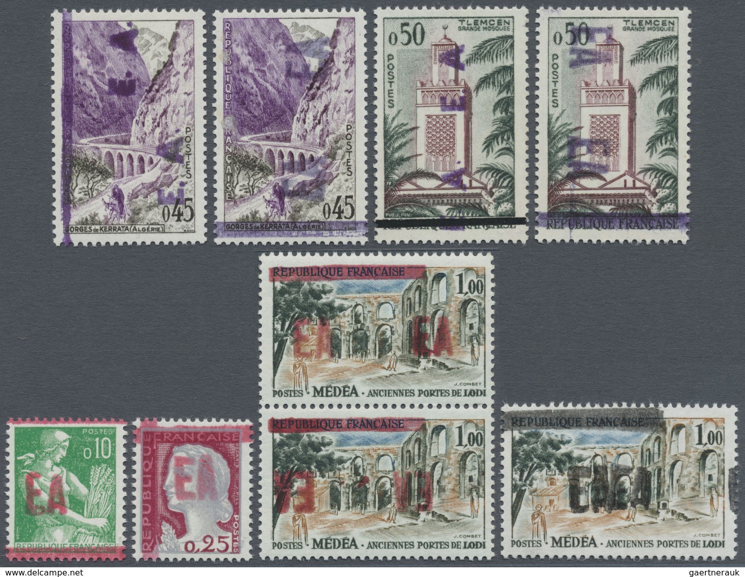 ** Algerien: 1962, Nine French Definitives With Different Varieties Of Prov. Handstamps Incl. INVERTED - Algérie (1962-...)