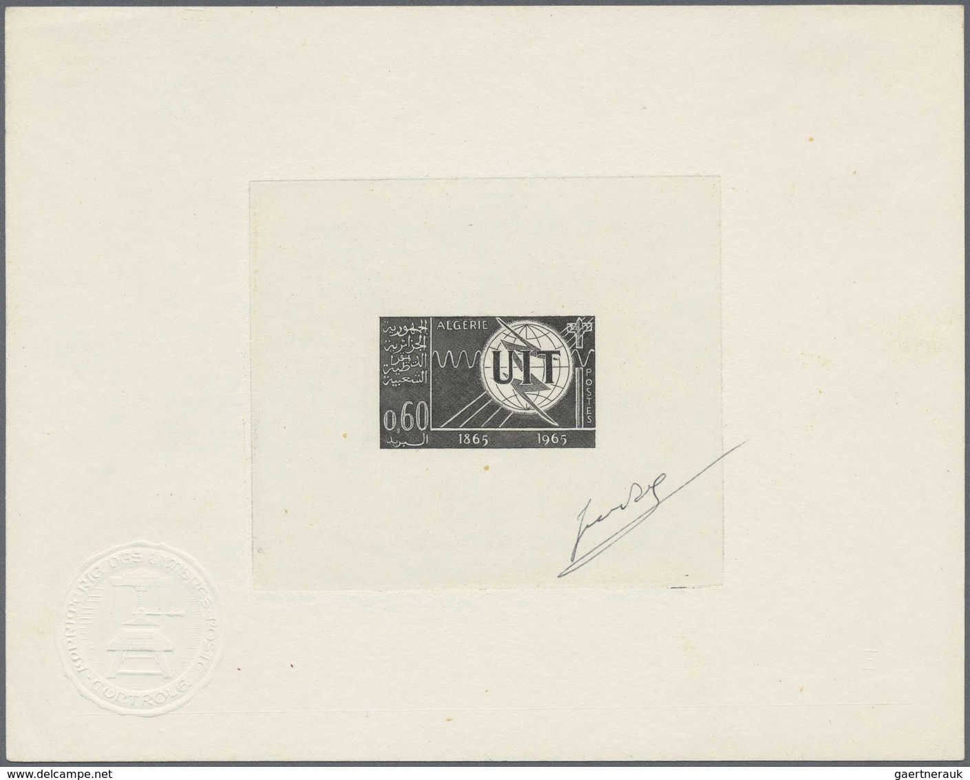 (*) Algerien: 1965, 100 Years ITU 0,60fr. EPREUVE D'ARTISTE In Black With Signature And Control Seal, Fi - Algérie (1962-...)