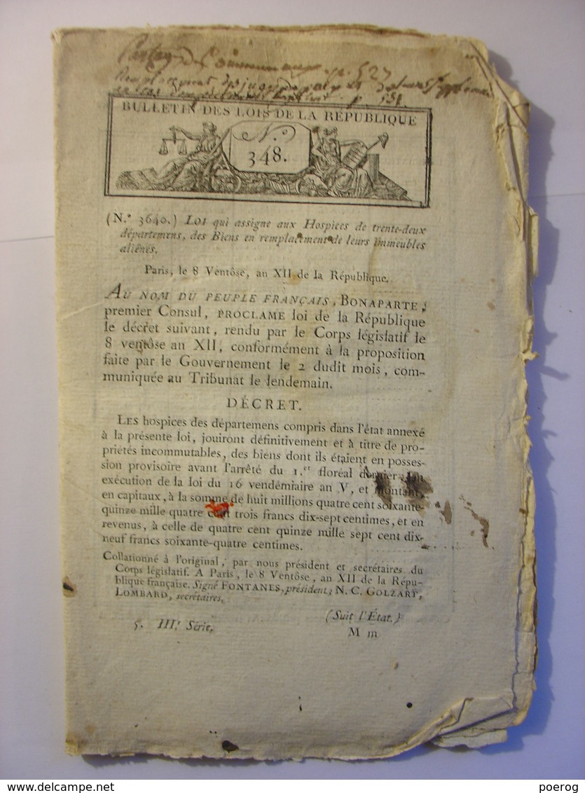 BULLETIN DES LOIS N°348 DE FEVRIER 1804 - MARINE NATIONALE - FOIRE A LA LAINE DE RAMBOUILLET - Décrets & Lois