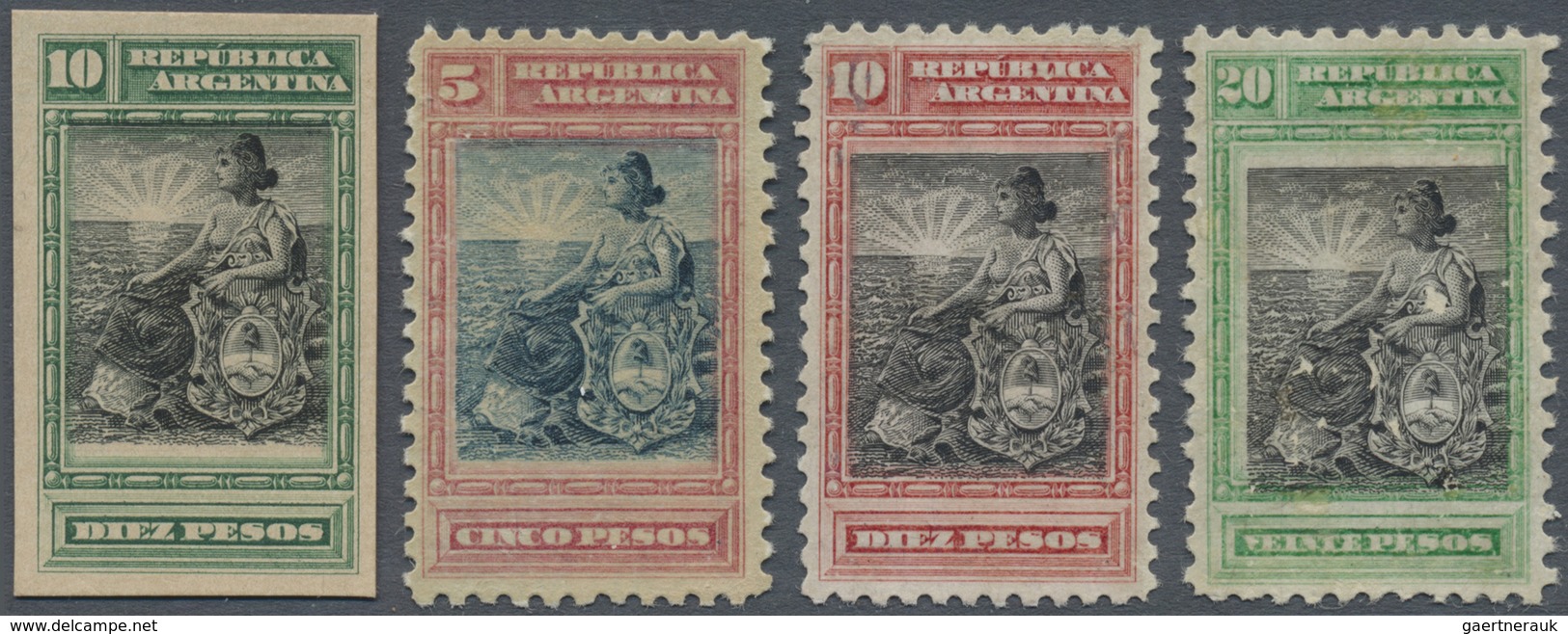 */(*) Argentinien: 1899, Color Trial Proofs Of High Values 5 P. To 20 P. On Perf Thin Paper And 10 P. Gree - Autres & Non Classés