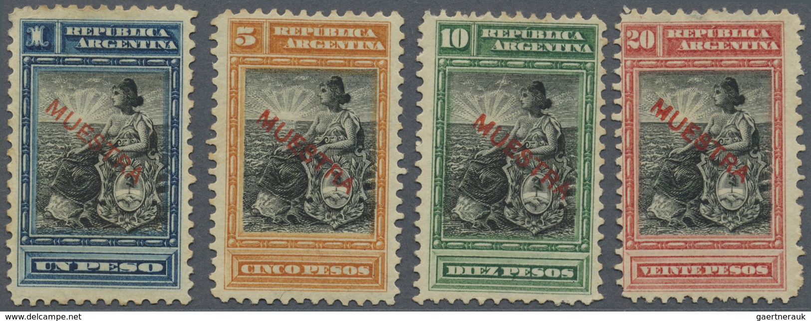 (*) Argentinien: 1899, Allegorie Four High Values 1p. To 20p. With Red Diagonal Opt. MUESTRA, Unused Wit - Autres & Non Classés