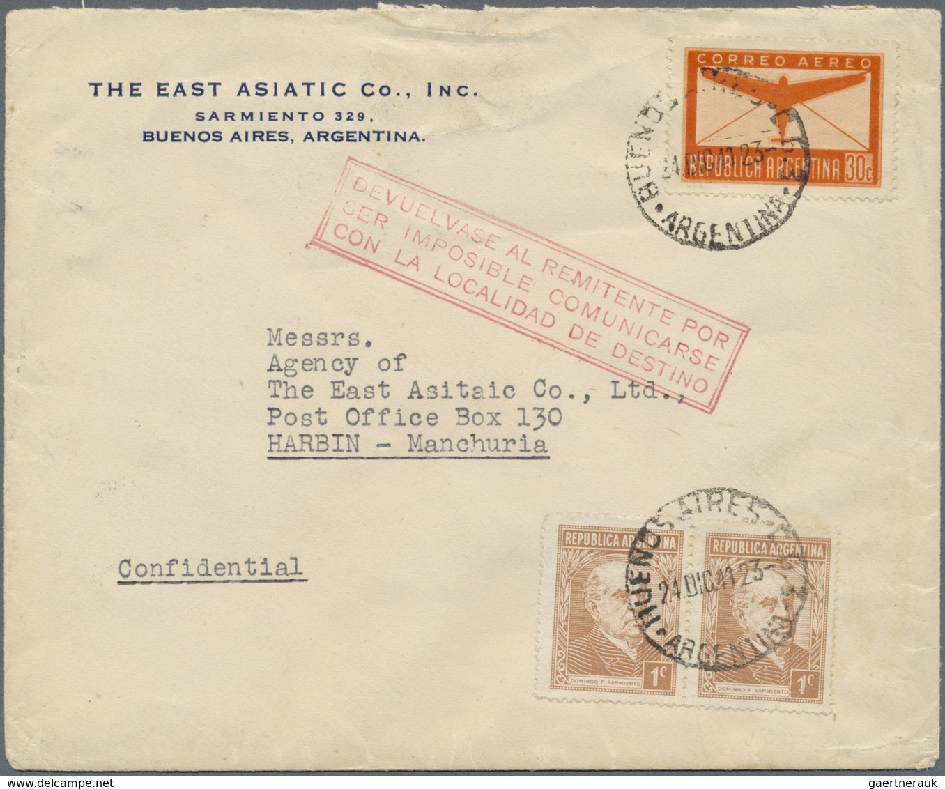 Br Argentinien: 1941. Envelope Addressed To Harbin, Manchuria Bearing Argentina Yvert 364, 1c Bistre (p - Autres & Non Classés