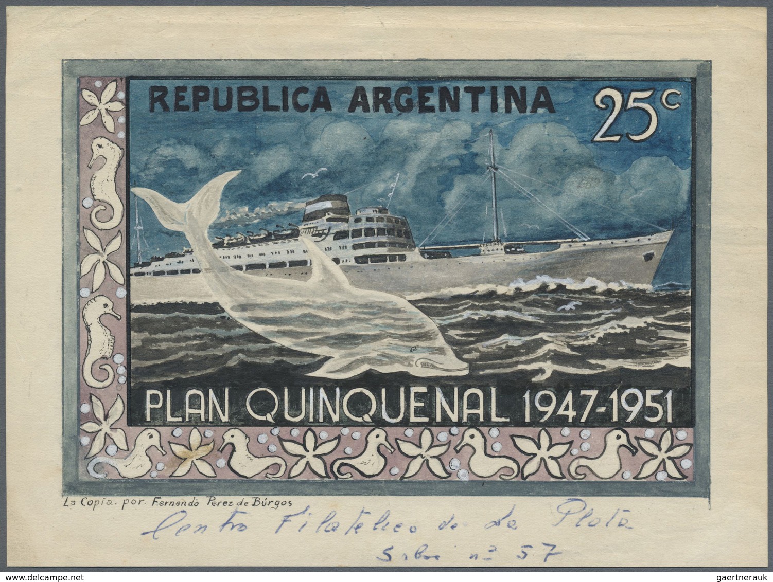 (*) Argentinien: 1951, Final Drawing On Paper To The Stamp 25c "five-years Plan" From Fernando Perez De - Andere & Zonder Classificatie