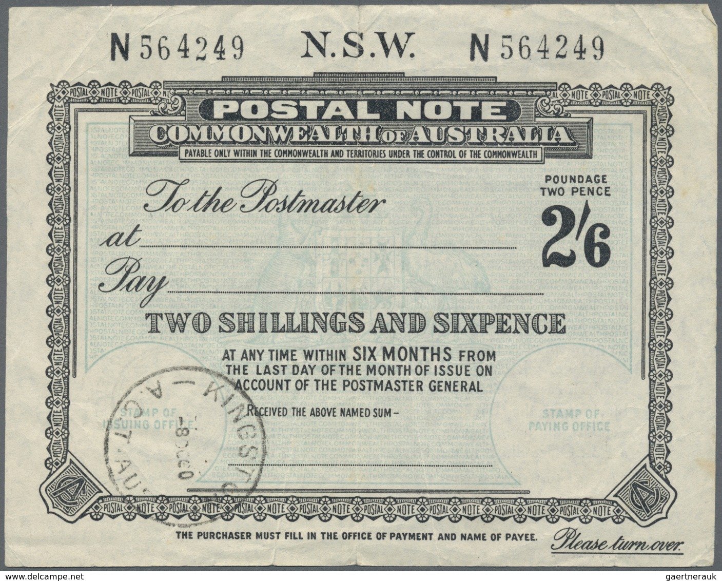 GA Neusüdwales: 1900 (?), 2'6 Shilling "N.S.W. Postal Note" With Postmark KINGSTON. Vertical Fold. - Lettres & Documents