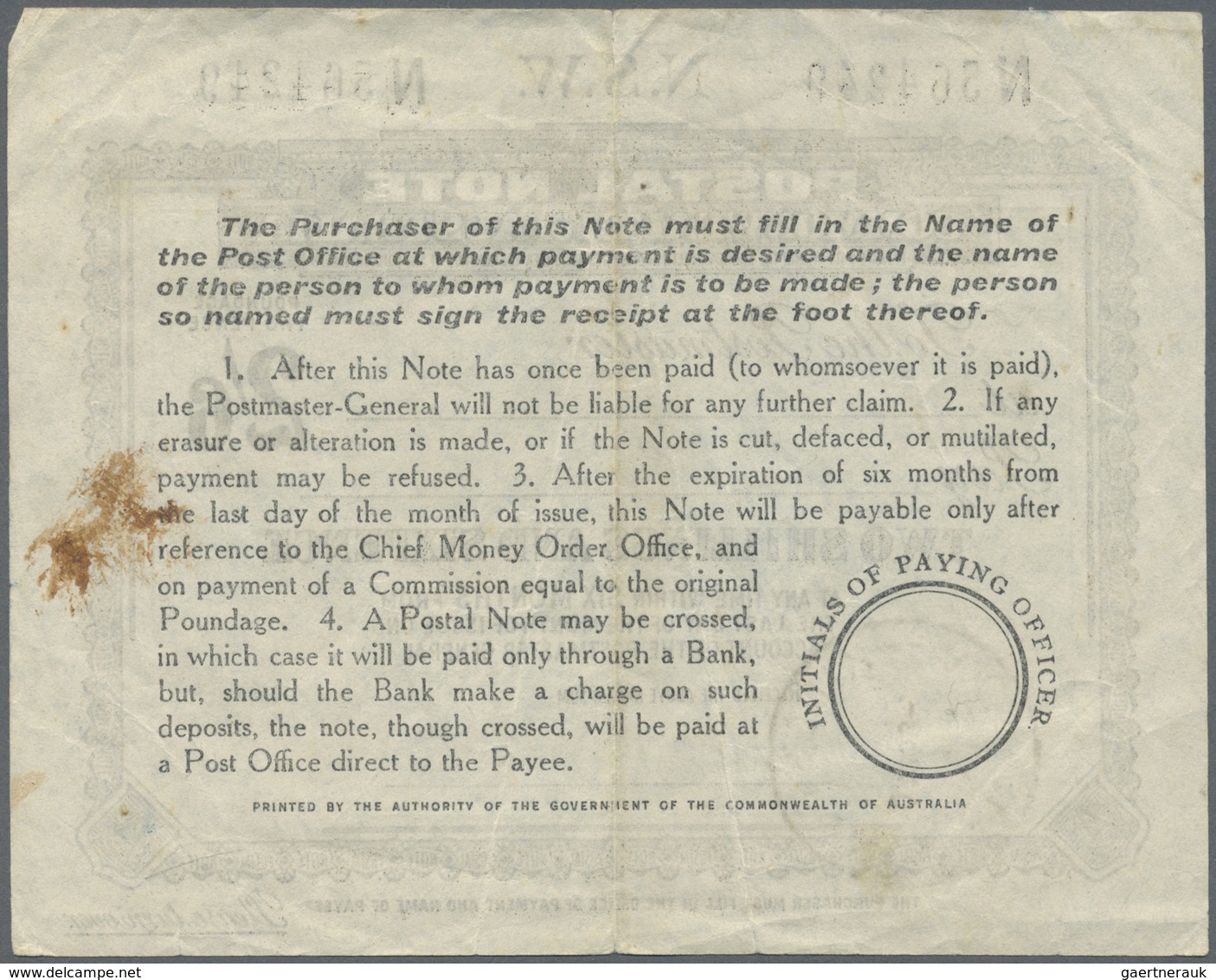 GA Neusüdwales: 1900 (?), 2'6 Shilling "N.S.W. Postal Note" With Postmark KINGSTON. Vertical Fold. - Brieven En Documenten