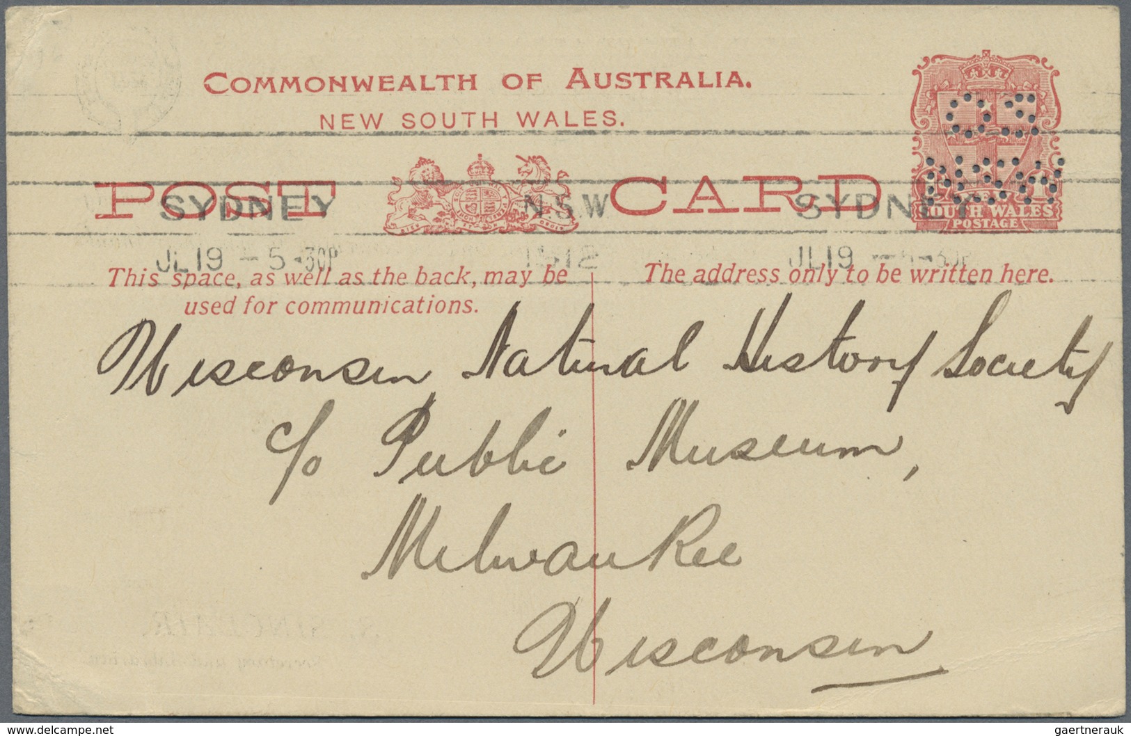 GA Neusüdwales: 1912 (19.7.), Stat. Postcard 1d. Arms With Divided Address Side Perforated OS/NSW From - Lettres & Documents