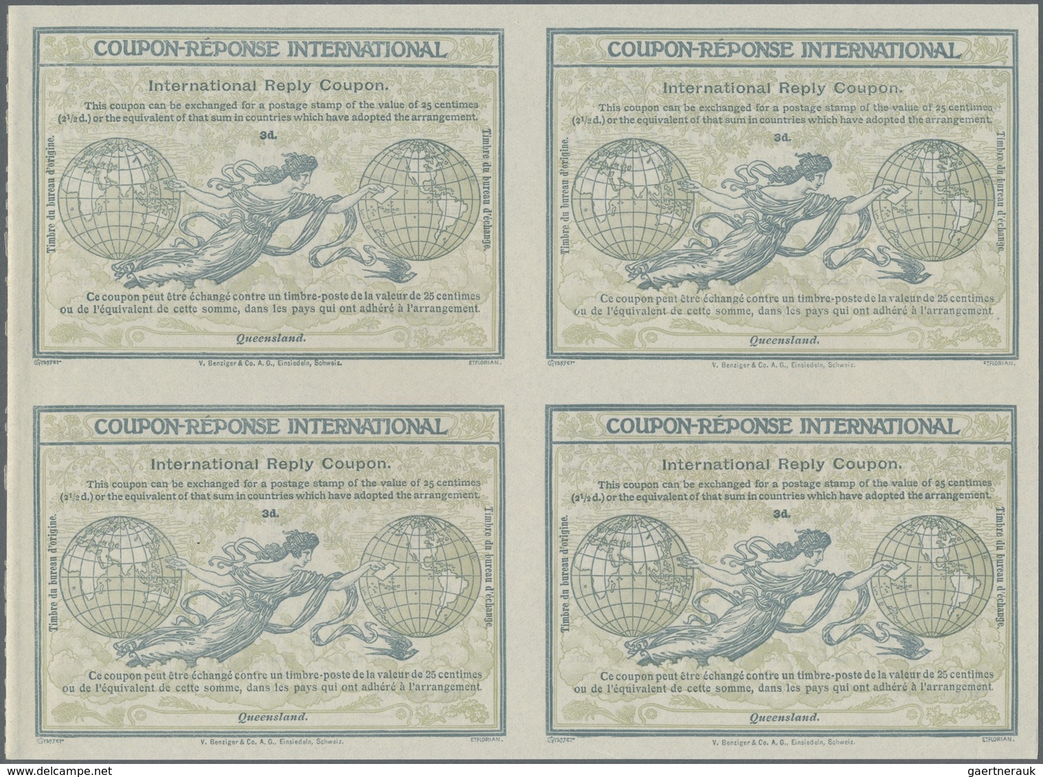 GA Queensland: Design 1906 International Reply Coupon As Block Of Four 3 D Queensland. This Block Of In - Brieven En Documenten