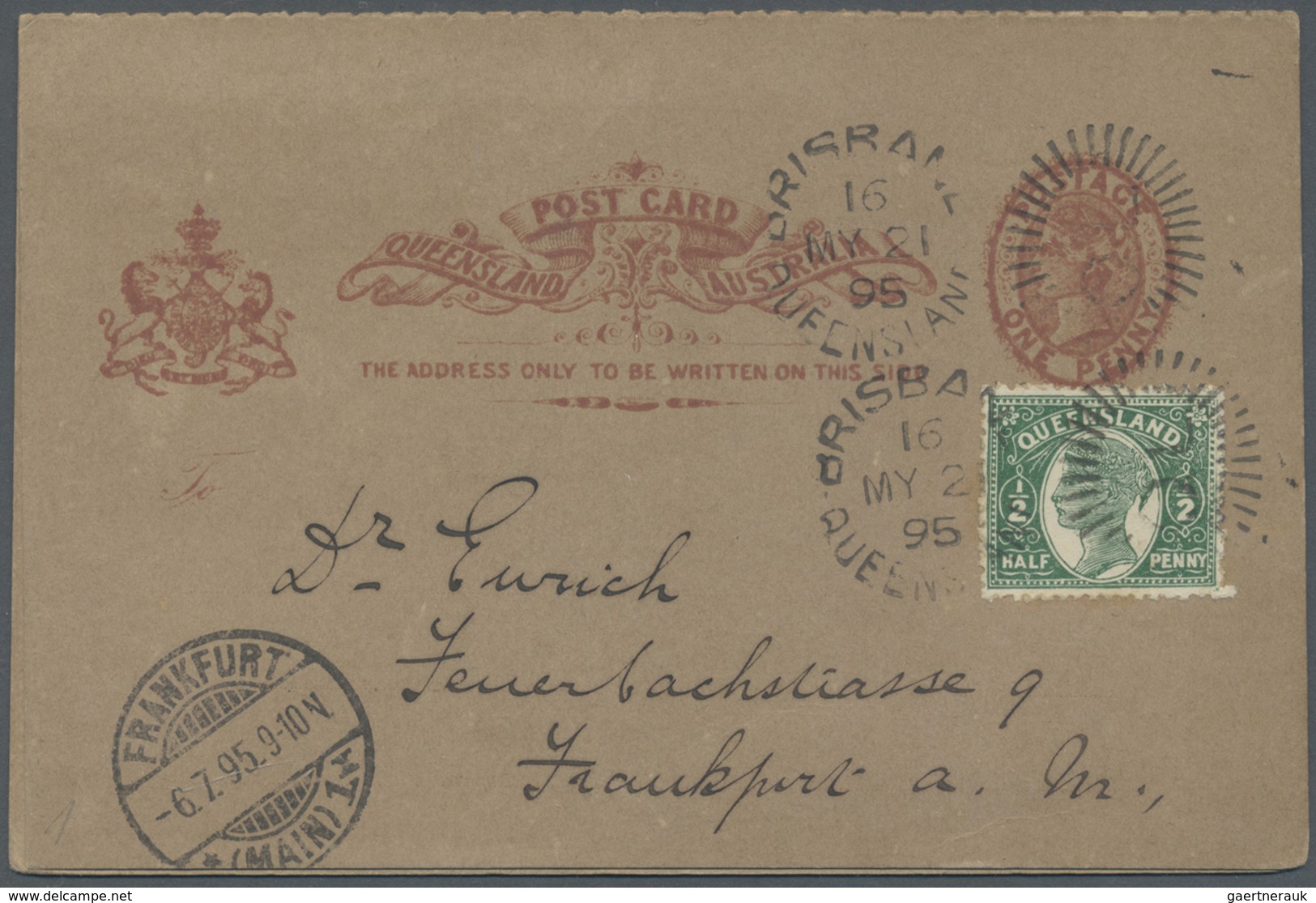 GA Queensland - Ganzsachen: 1895, 1d Red QV Postal Stat. Doublecard Uprated With Mi.No. 83 1/2 P. Green - Lettres & Documents