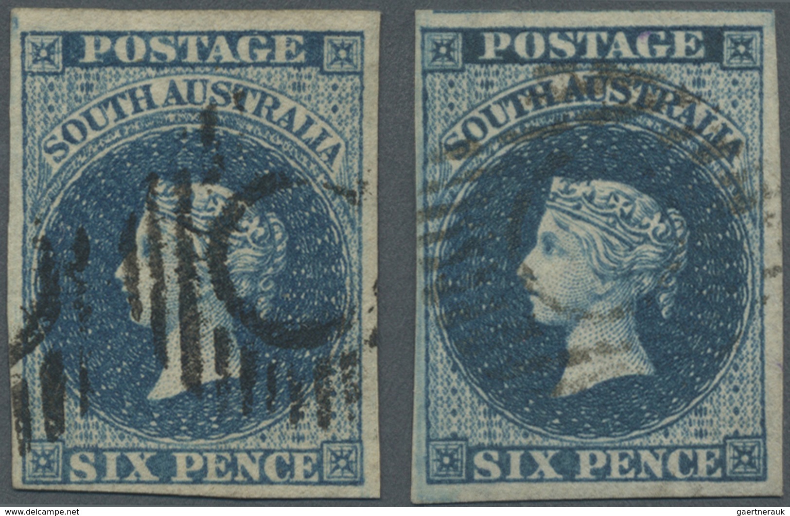 O Südaustralien: 1855, QV Chalon Head 6d. Deep Blue With Large Star Wmk. Two Singles With Good To Wide - Brieven En Documenten