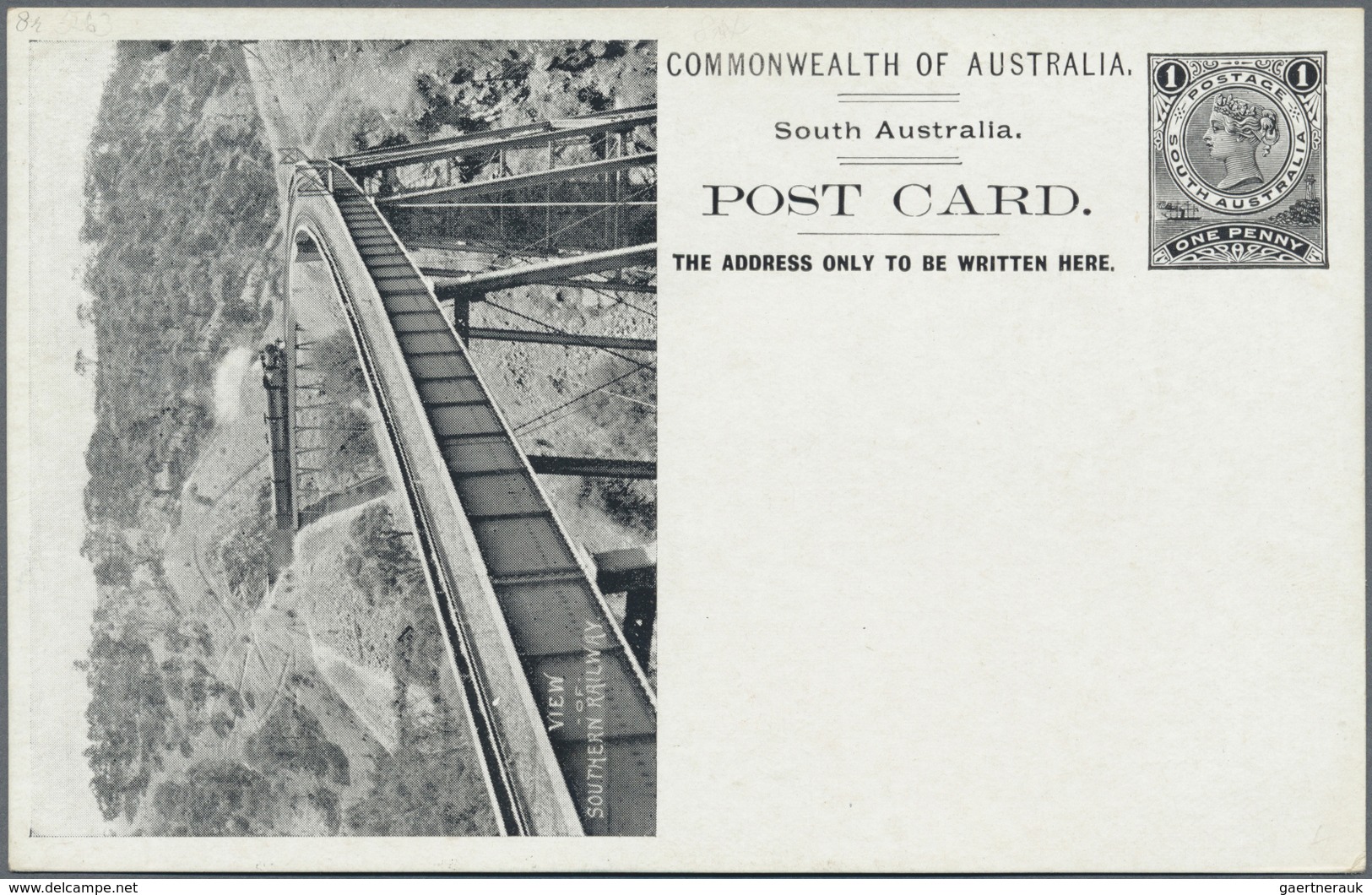 GA Südaustralien: 1908, Pictorial Stat. Postcard QV 1d. (Adel. Ptg.) With View 'VIEW OF SOUTHERN RAILWA - Lettres & Documents