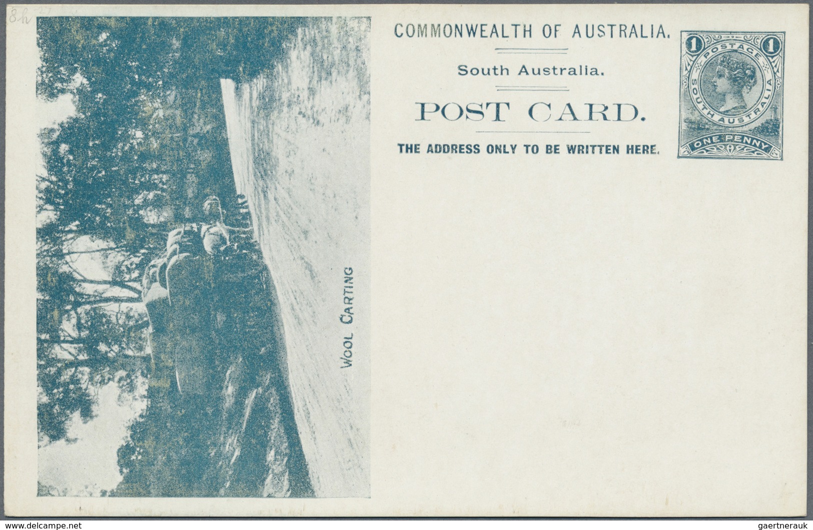 GA Südaustralien: 1908, Pictorial Stat. Postcard QV 1d. (Adel. Ptg.) With View 'WOOL CARTING' In Blue-g - Lettres & Documents