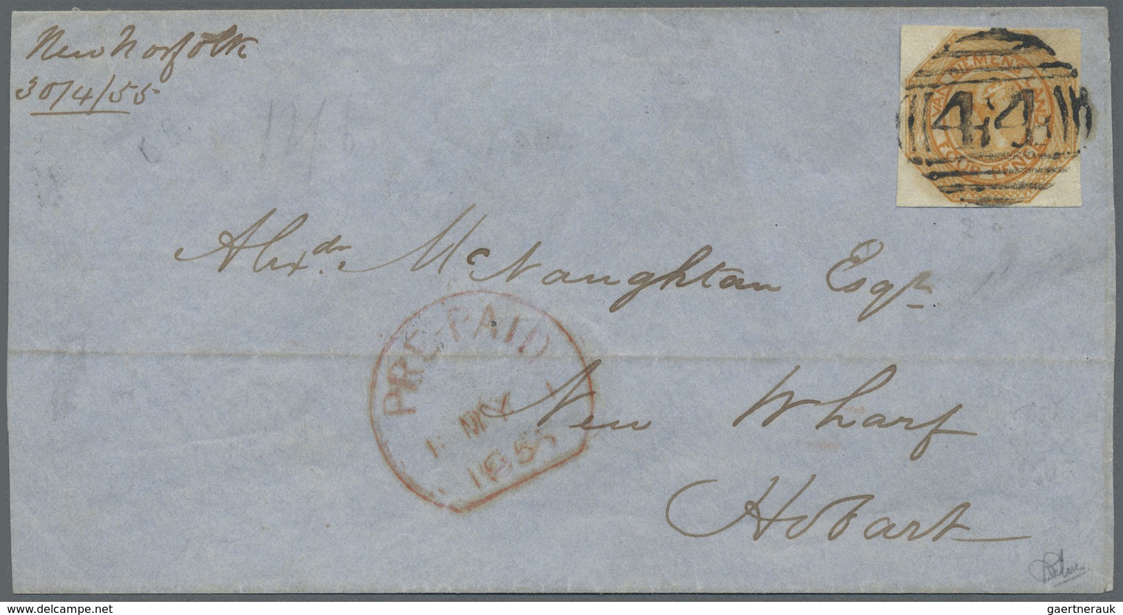 Br Tasmanien: 1855, Courier 4d. Orange With Good Margins Around Used With Barred Numeral '44' On Outer - Brieven En Documenten