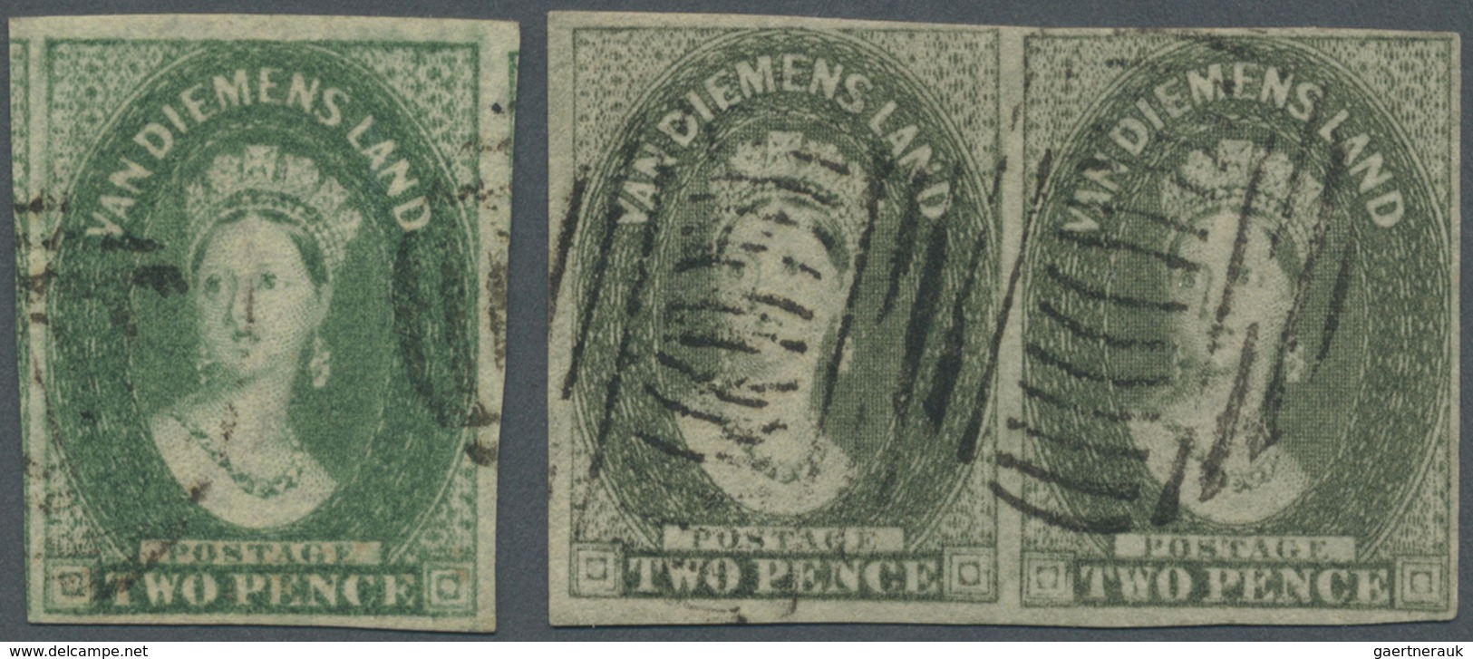 O Tasmanien: 1857/1860, QV 2d. Dull Emerald-green Single And 2d. Slate-green Horizontal Pair With Wmk. - Brieven En Documenten