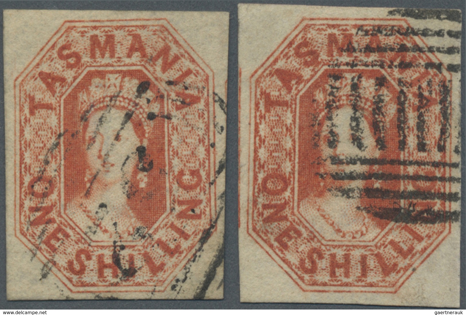 O Tasmanien: 1858, QV 1s. Vermilion Two Singles In Slightly Different Shades Both With Wmk. Double-lin - Briefe U. Dokumente