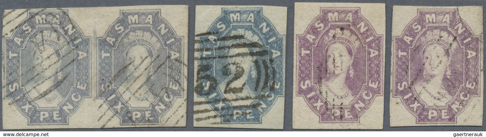 O Tasmanien: 1860/1865, QV 6d. With Wmk. Double-lined Numerals Small Group With Five Stamps Incl. Hori - Brieven En Documenten