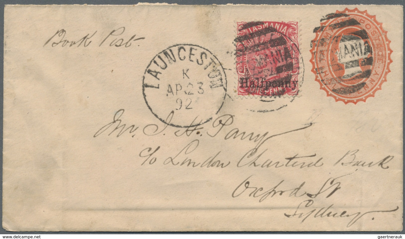 GA Tasmanien: 1892 (23.4.), QV 1d. Scarlet Surch. 'Halfpenny' On QV Embossed Oval ½d. Stat. Envelope En - Brieven En Documenten