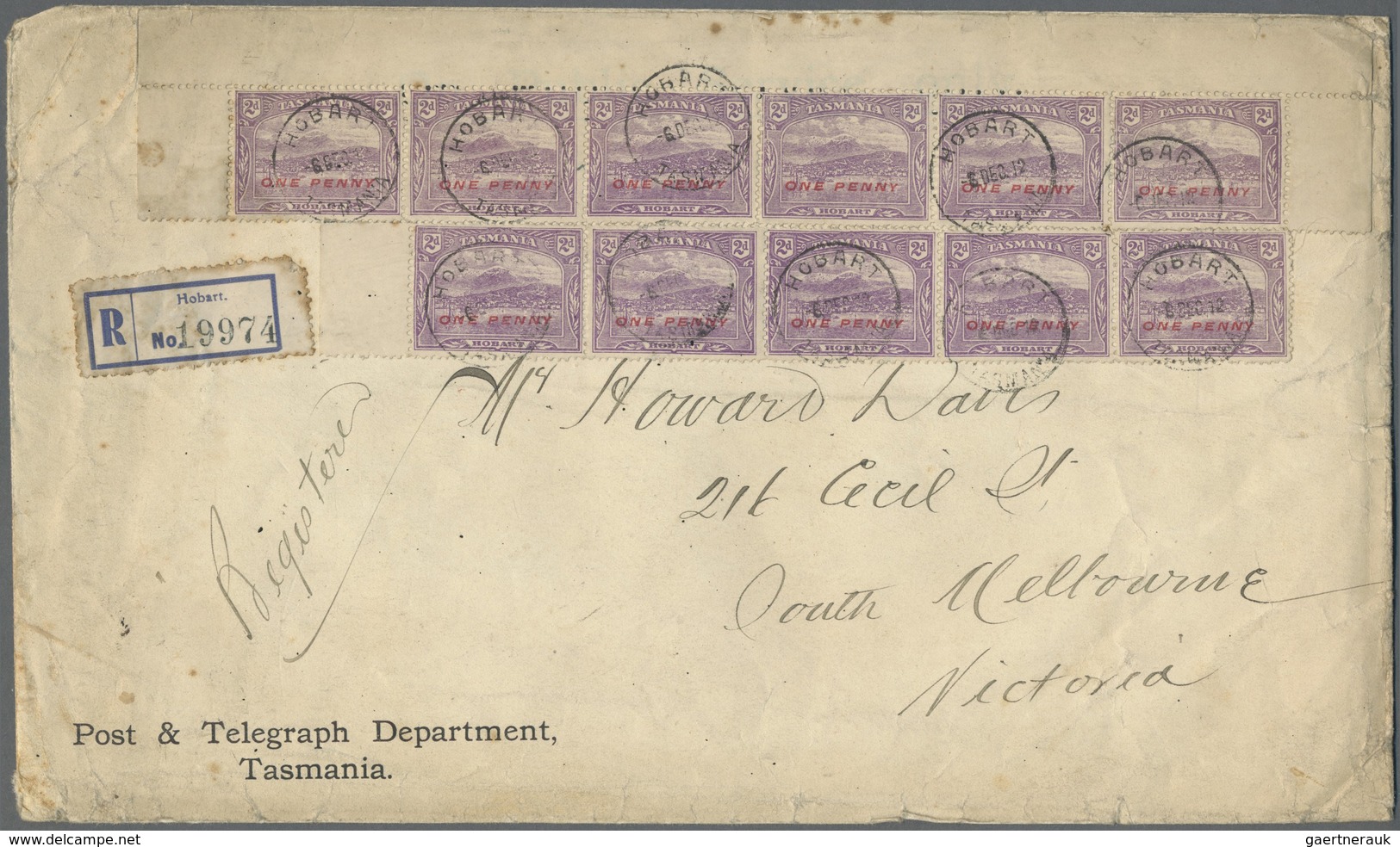 Br Tasmanien: 1912, Heavy Registered Letter From HOBART "Post & Telegraph Department" To Melbourne Fran - Lettres & Documents