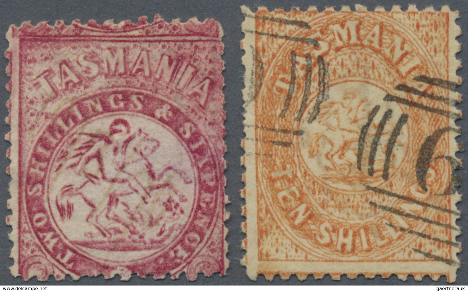 O Tasmanien - Stempelmarken: 1863-80 Fiscals 2s6d. Carmine With Removed Pen-cancellation And 10s. Oran - Storia Postale