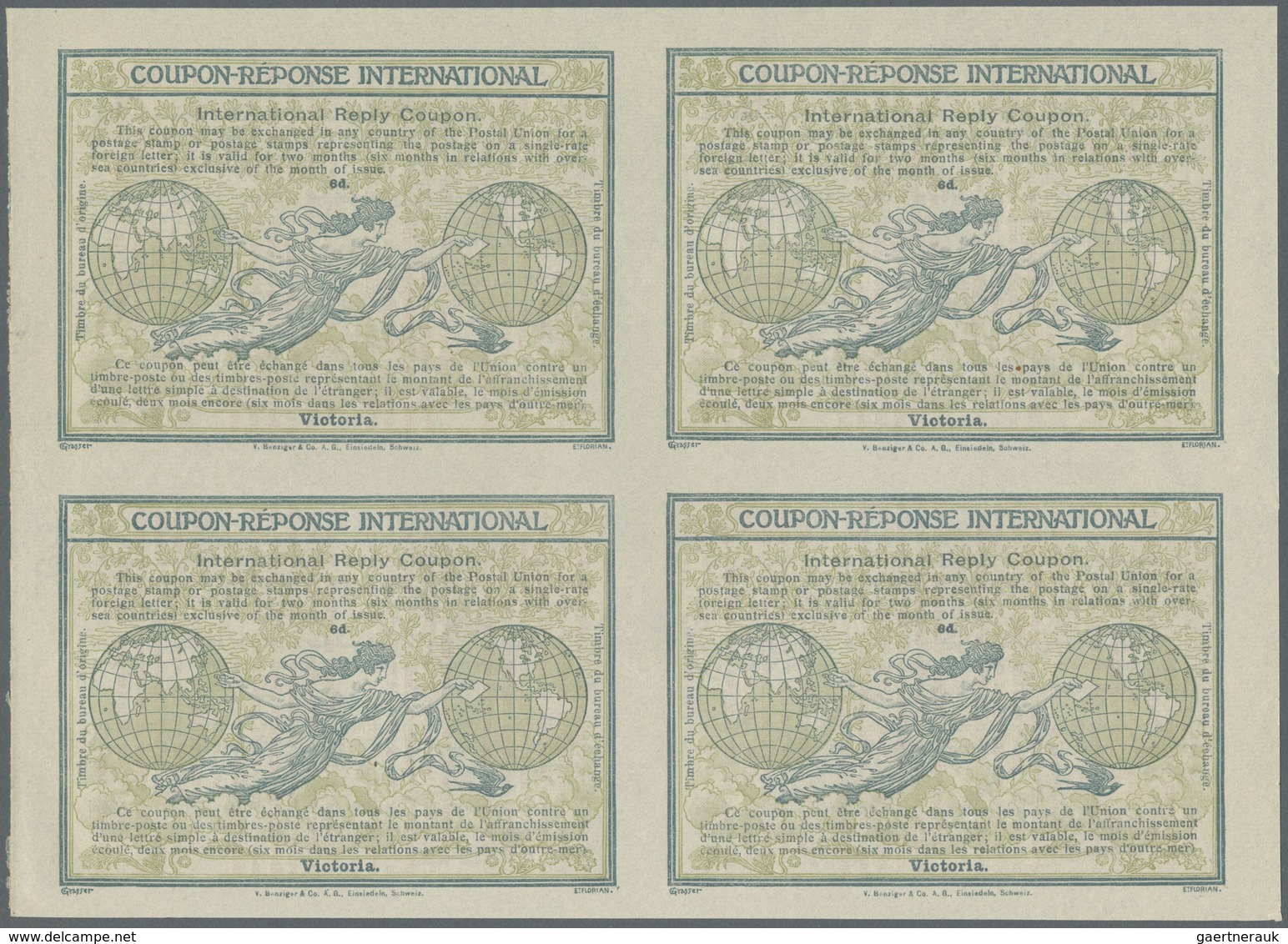 GA Victoria: Design "Madrid" 1920 International Reply Coupon As Block Of Four 6 D Victoria. Backside Wi - Brieven En Documenten