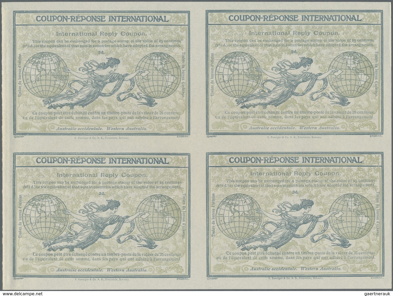 GA Westaustralien: Design 1906 International Reply Coupon As Block Of Four 3 D Western Australia. This - Covers & Documents